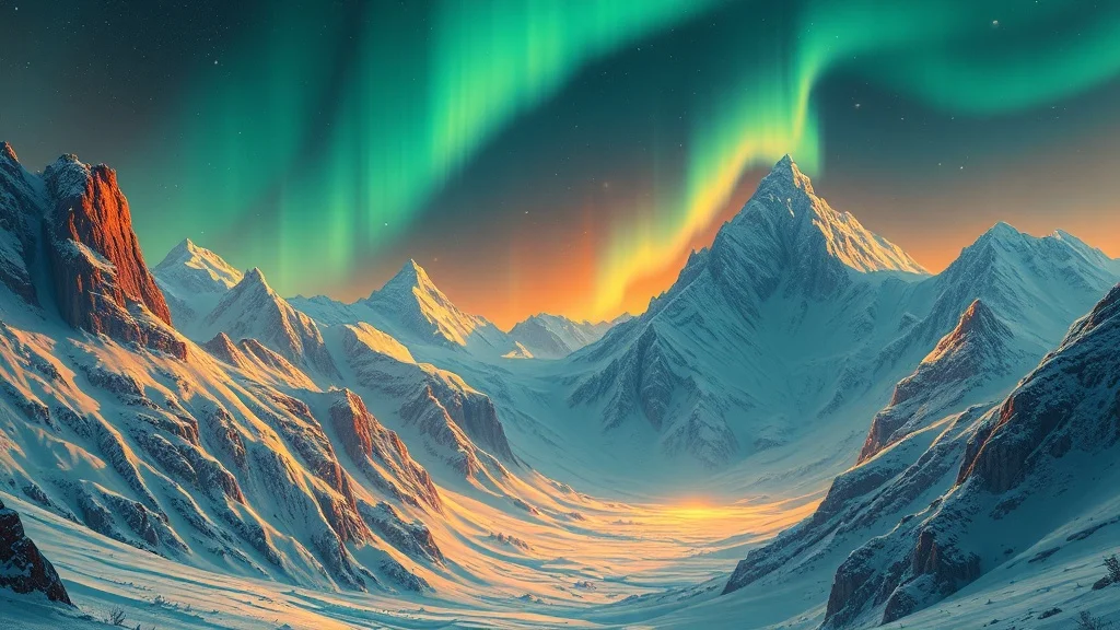 Fantasy landscape: a snowy mountain range under aurora borealis