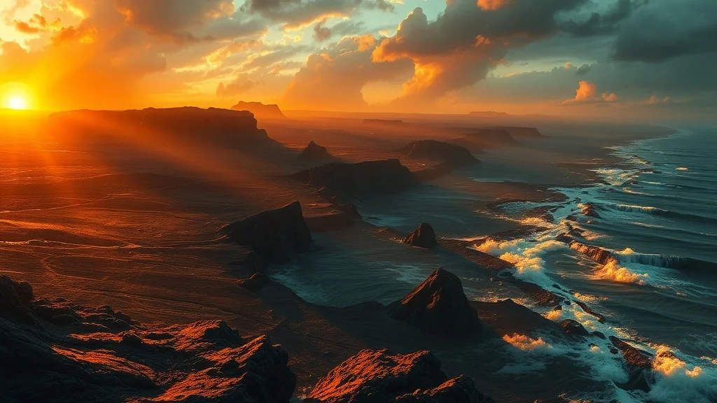 Fantasy landscape: a volcanic shoreline at golden hour
