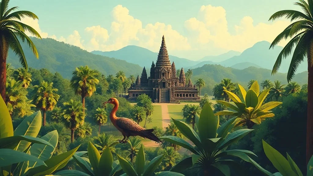 Flat Design landscape: an ancient ruined temple swallowed by jungle