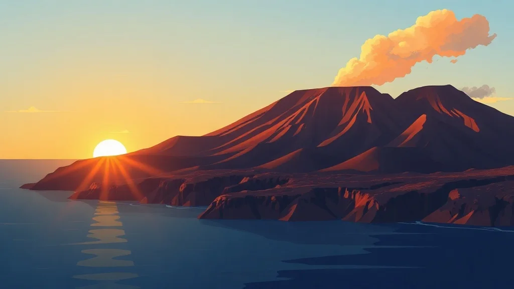 Flat Design landscape: a volcanic shoreline at golden hour