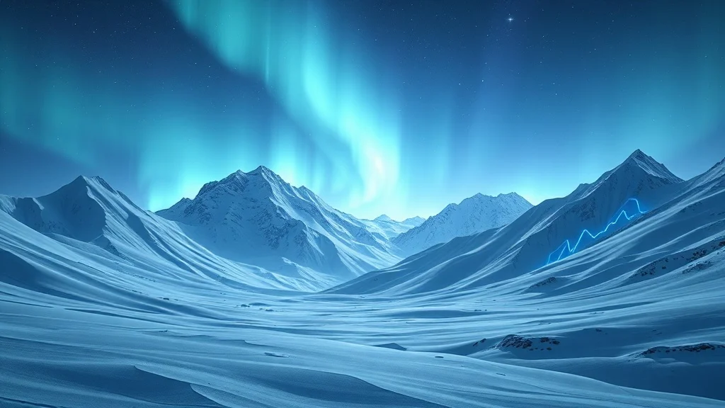 Futuristic landscape: a snowy mountain range under aurora borealis