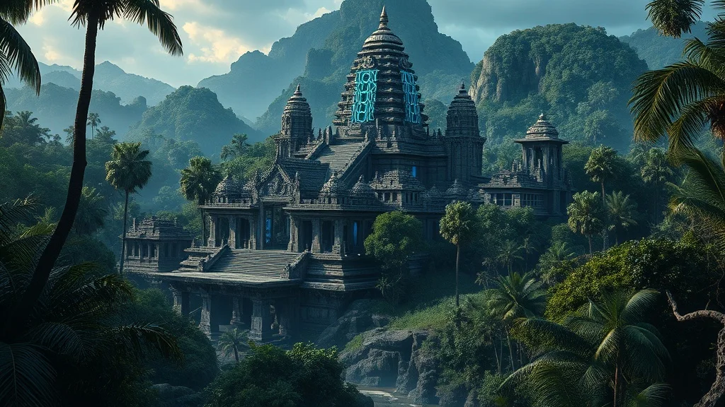 Futuristic landscape: an ancient ruined temple swallowed by jungle