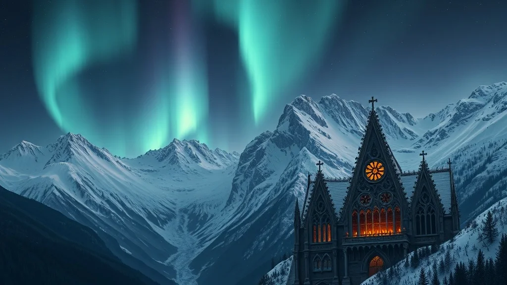 Gothic landscape: a snowy mountain range under aurora borealis