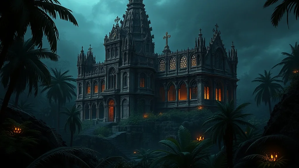 Gothic landscape: an ancient ruined temple swallowed by jungle