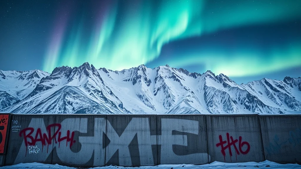 Graffiti landscape: a snowy mountain range under aurora borealis