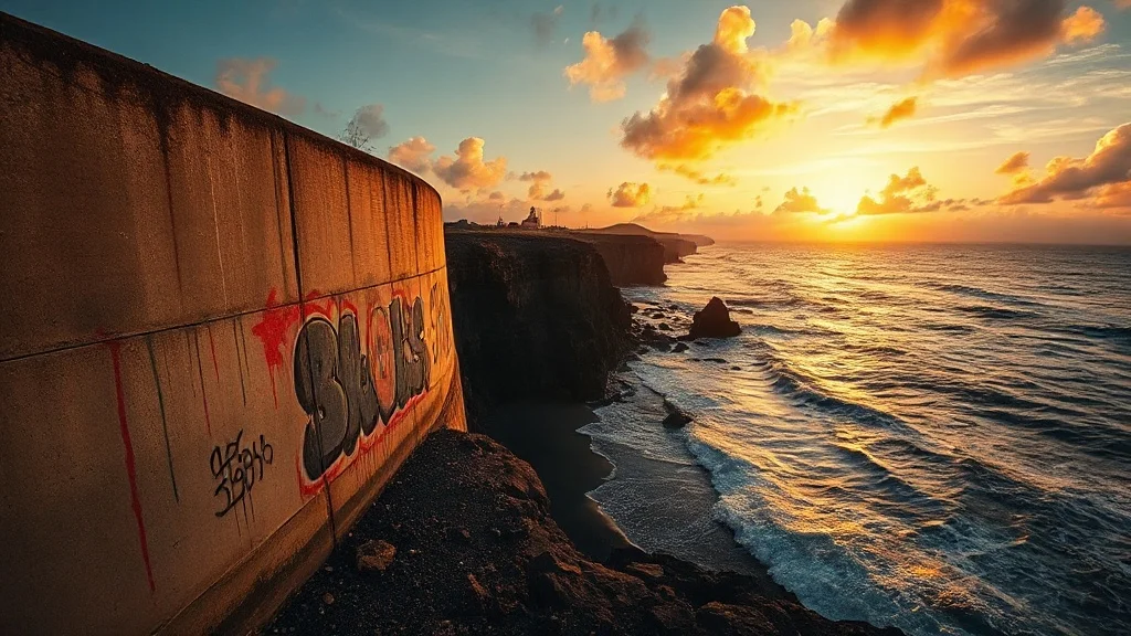 Graffiti landscape: a volcanic shoreline at golden hour