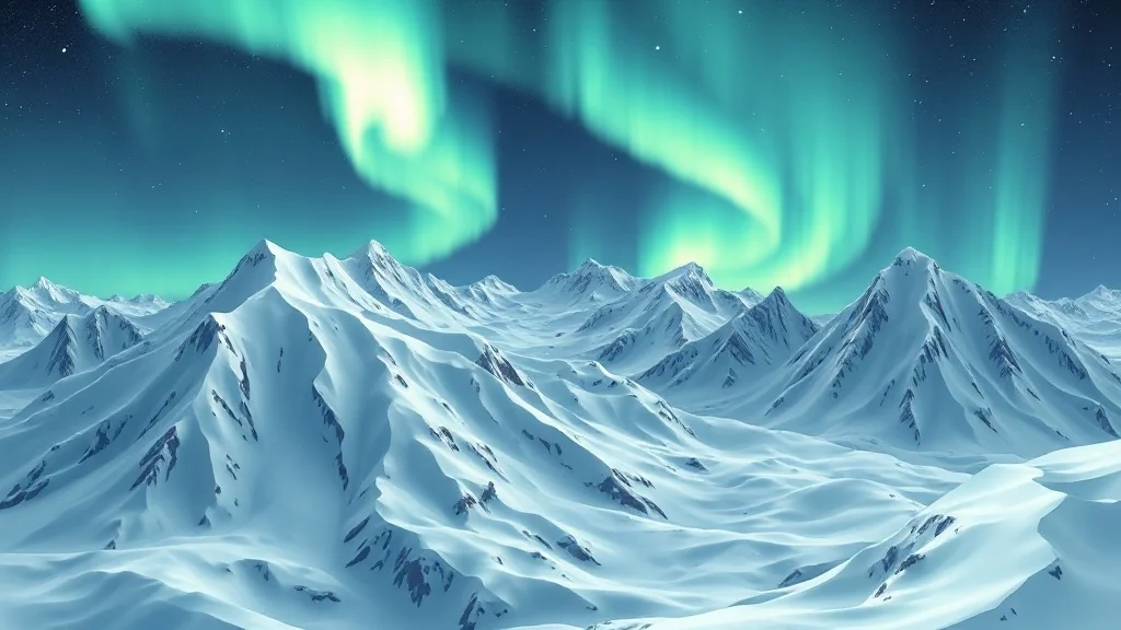 Isometric landscape: a snowy mountain range under aurora borealis
