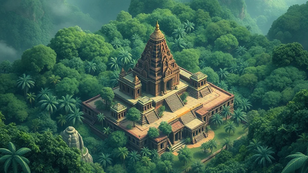 Isometric landscape: an ancient ruined temple swallowed by jungle