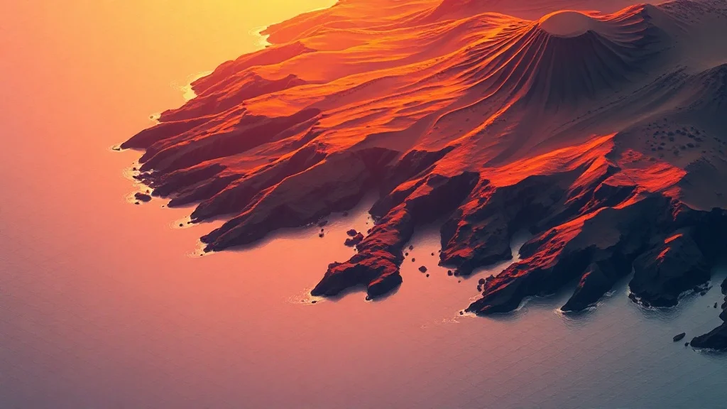 Isometric landscape: a volcanic shoreline at golden hour