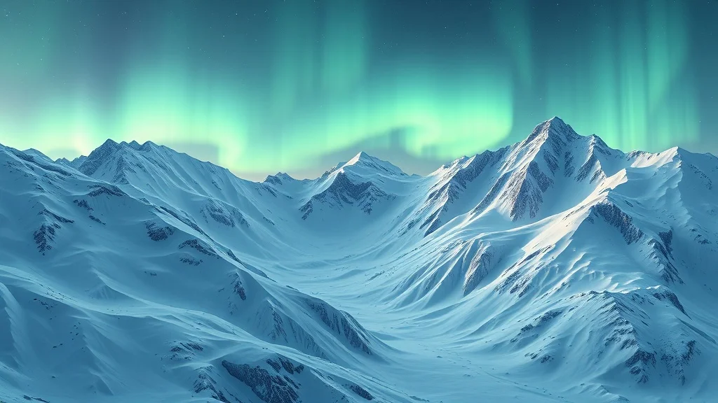 Low Poly landscape: a snowy mountain range under aurora borealis