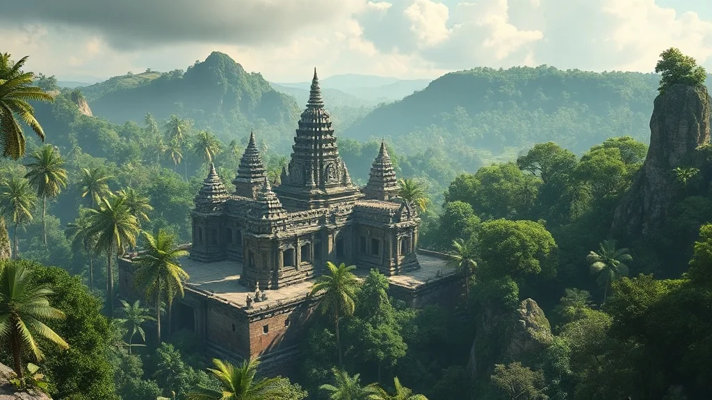 Low Poly landscape: an ancient ruined temple swallowed by jungle