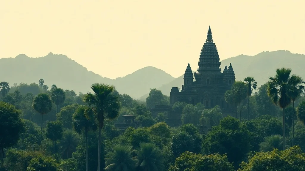 Minimalist landscape: an ancient ruined temple swallowed by jungle