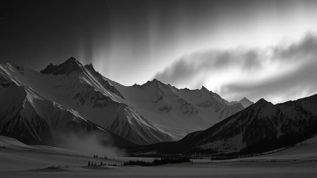 Noir landscape: a snowy mountain range under aurora borealis