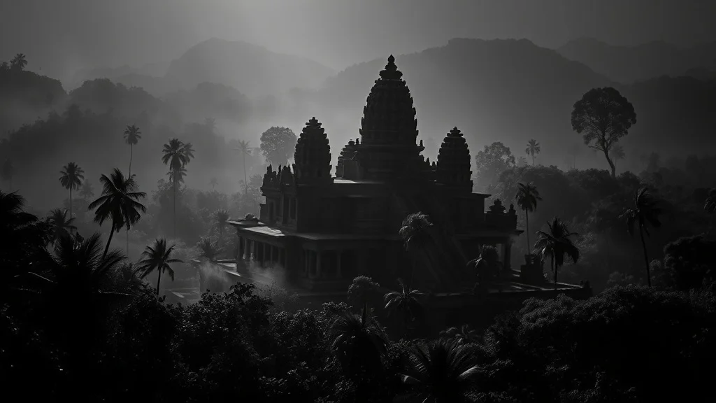 Noir landscape: an ancient ruined temple swallowed by jungle