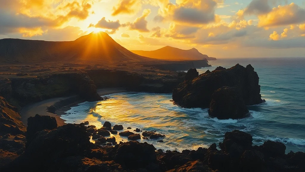 Oil Painting landscape: a volcanic shoreline at golden hour