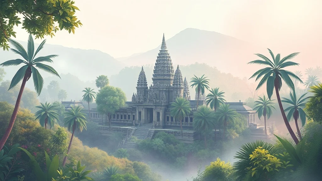 Pastel landscape: an ancient ruined temple swallowed by jungle