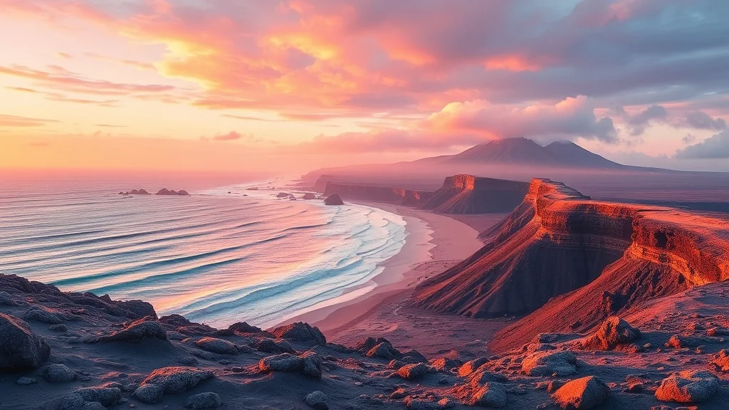 Pastel landscape: a volcanic shoreline at golden hour