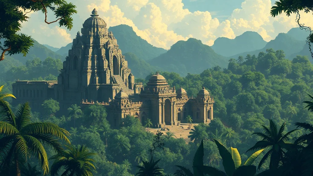 Pixel Art landscape: an ancient ruined temple swallowed by jungle