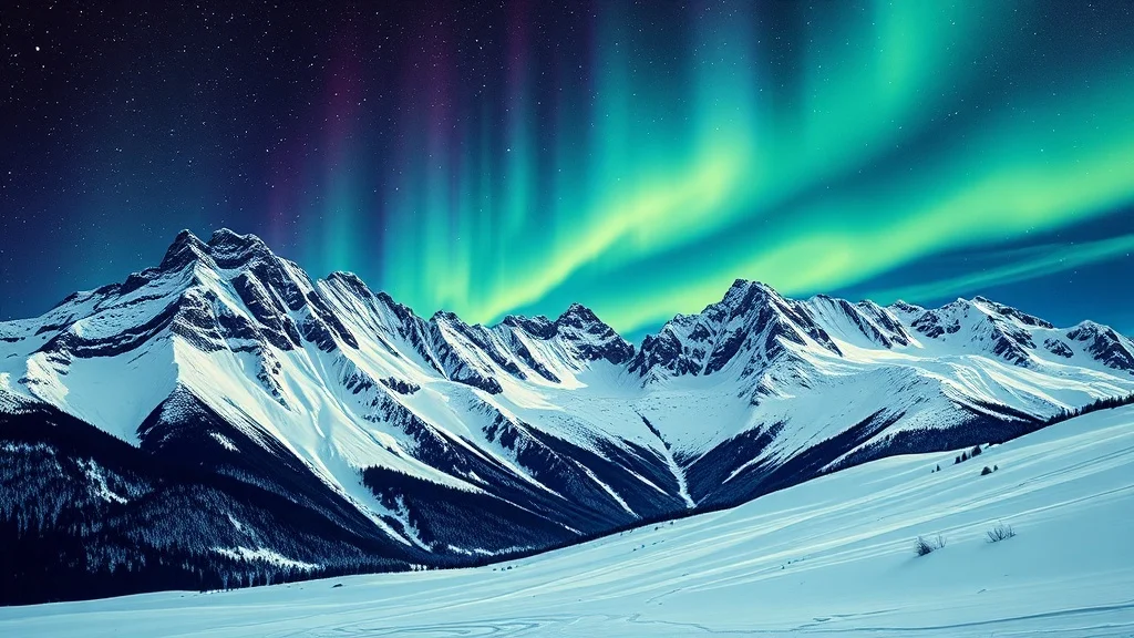 Pop Art landscape: a snowy mountain range under aurora borealis