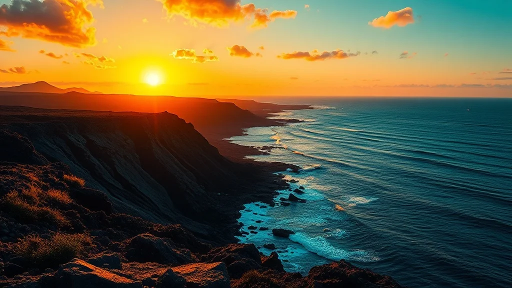 Pop Art landscape: a volcanic shoreline at golden hour