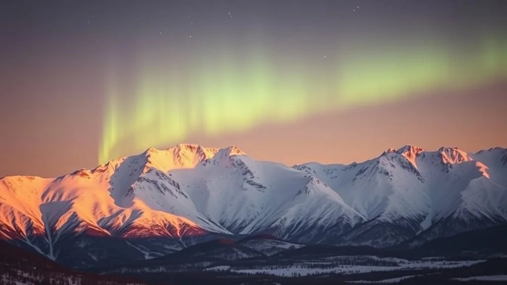 Photorealistic landscape: a snowy mountain range under aurora borealis
