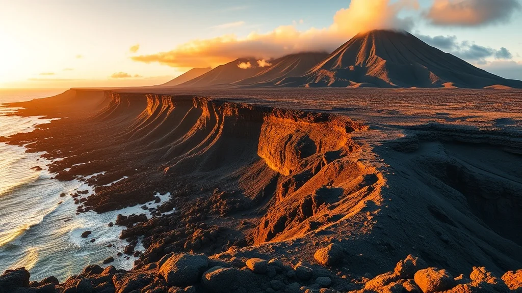Photorealistic landscape: a volcanic shoreline at golden hour