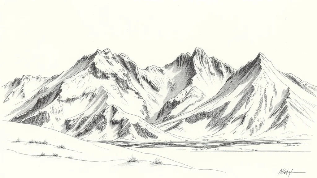 Sketch landscape: a snowy mountain range under aurora borealis