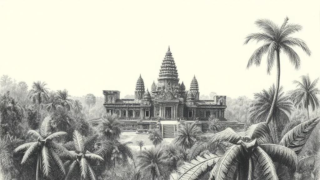 Sketch landscape: an ancient ruined temple swallowed by jungle