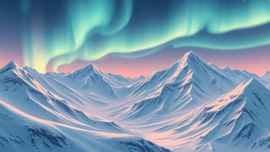 Studio Ghibli landscape: a snowy mountain range under aurora borealis
