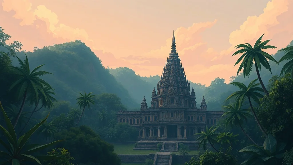 Studio Ghibli landscape: an ancient ruined temple swallowed by jungle