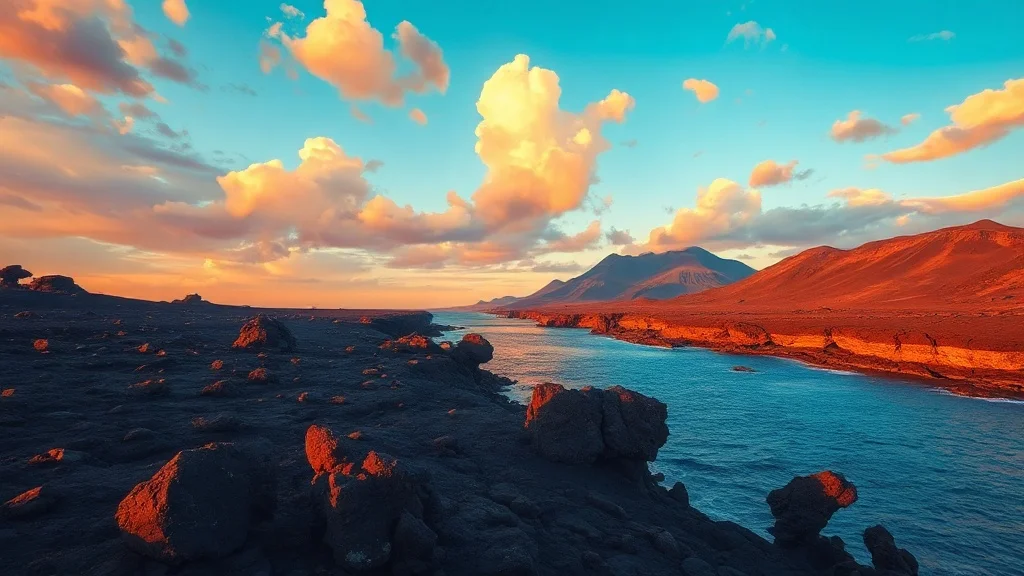 Studio Ghibli landscape: a volcanic shoreline at golden hour