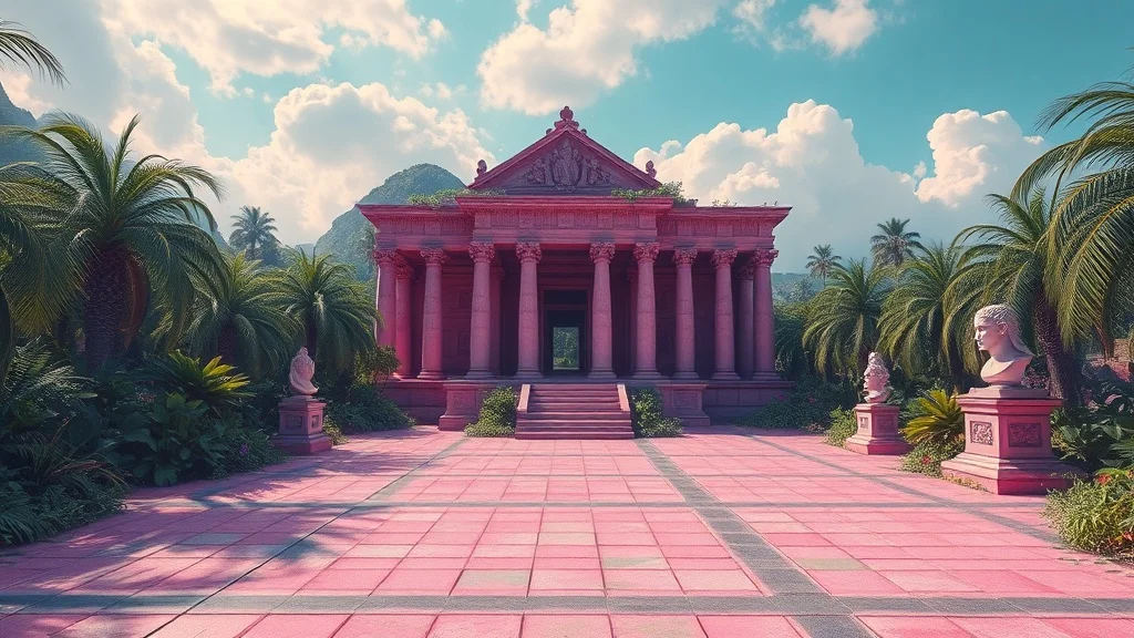 Vaporwave landscape: an ancient ruined temple swallowed by jungle