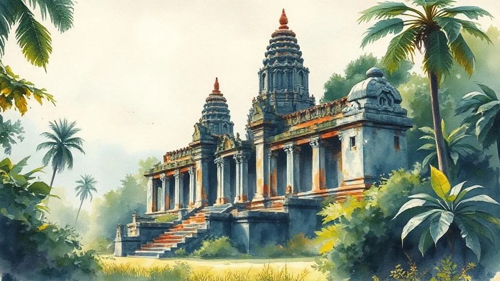 Watercolor landscape: an ancient ruined temple swallowed by jungle
