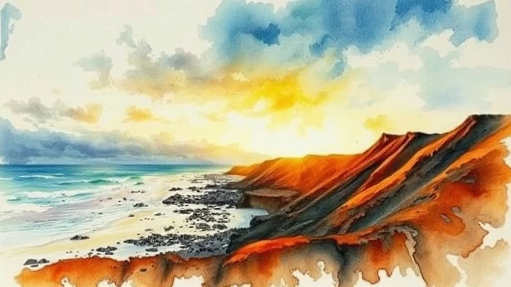 Watercolor landscape: a volcanic shoreline at golden hour