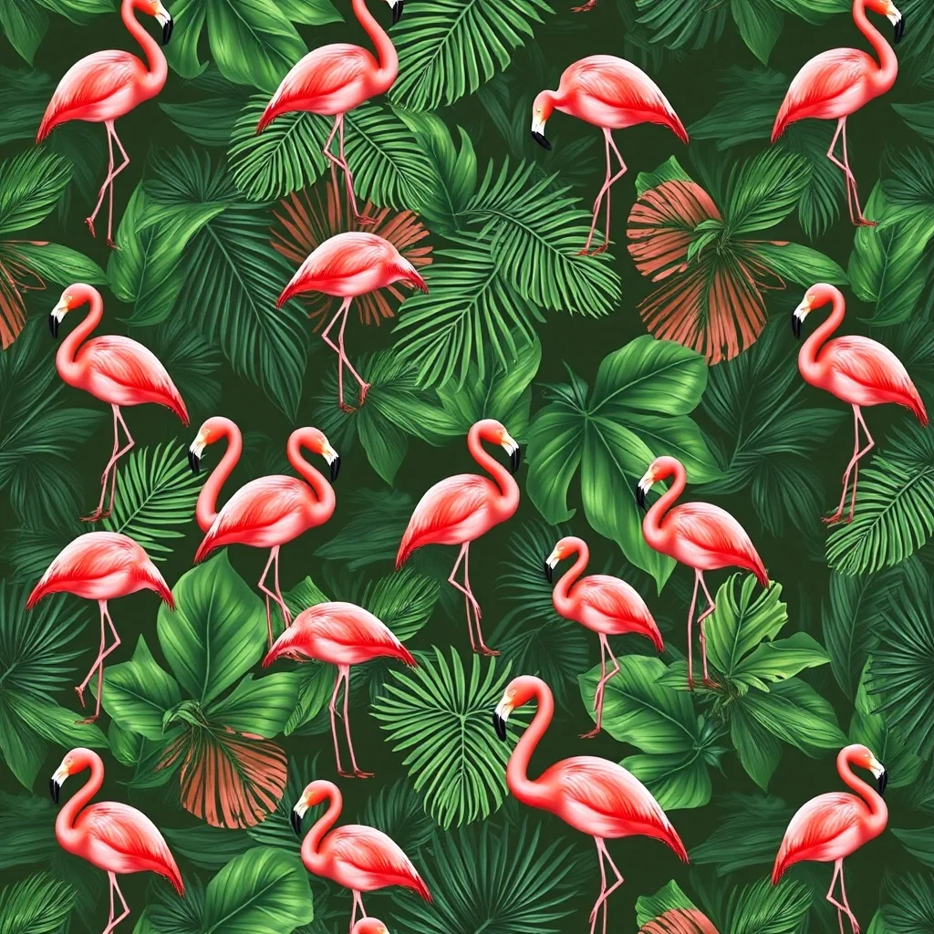 3D Render pattern: tropical leaves and flamingos