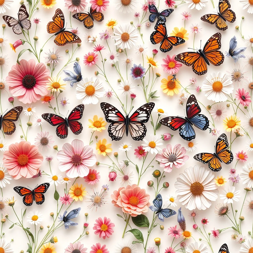 3D Render pattern: wildflowers and butterflies