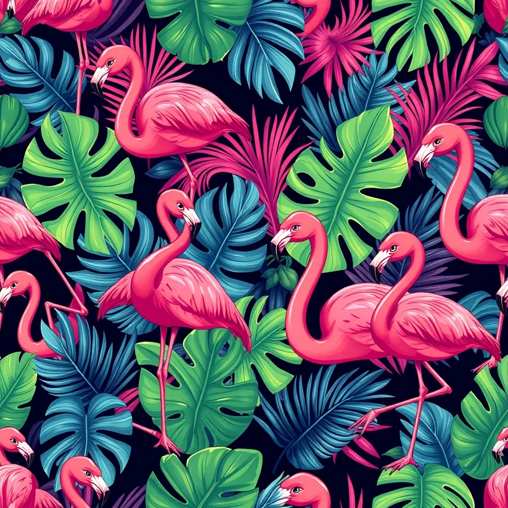 Anime pattern: tropical leaves and flamingos