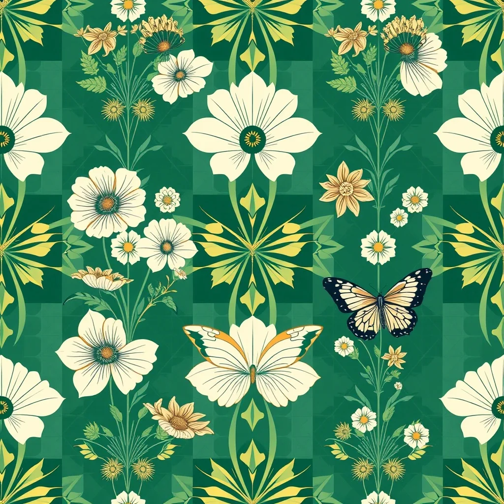 Art Deco pattern: wildflowers and butterflies