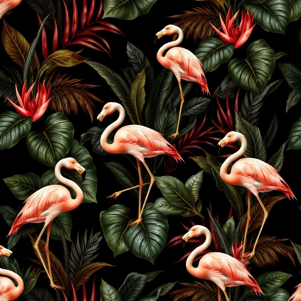 Baroque pattern: tropical leaves and flamingos