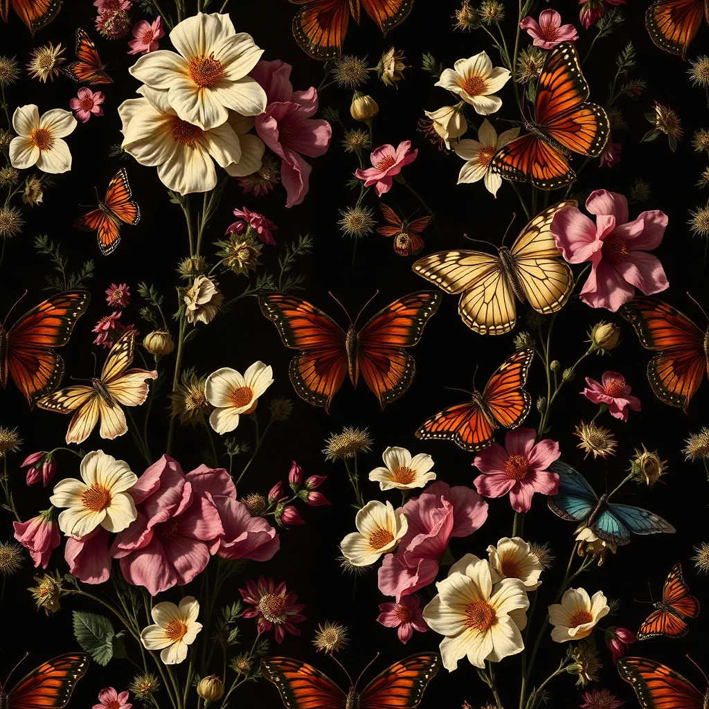 Baroque pattern: wildflowers and butterflies
