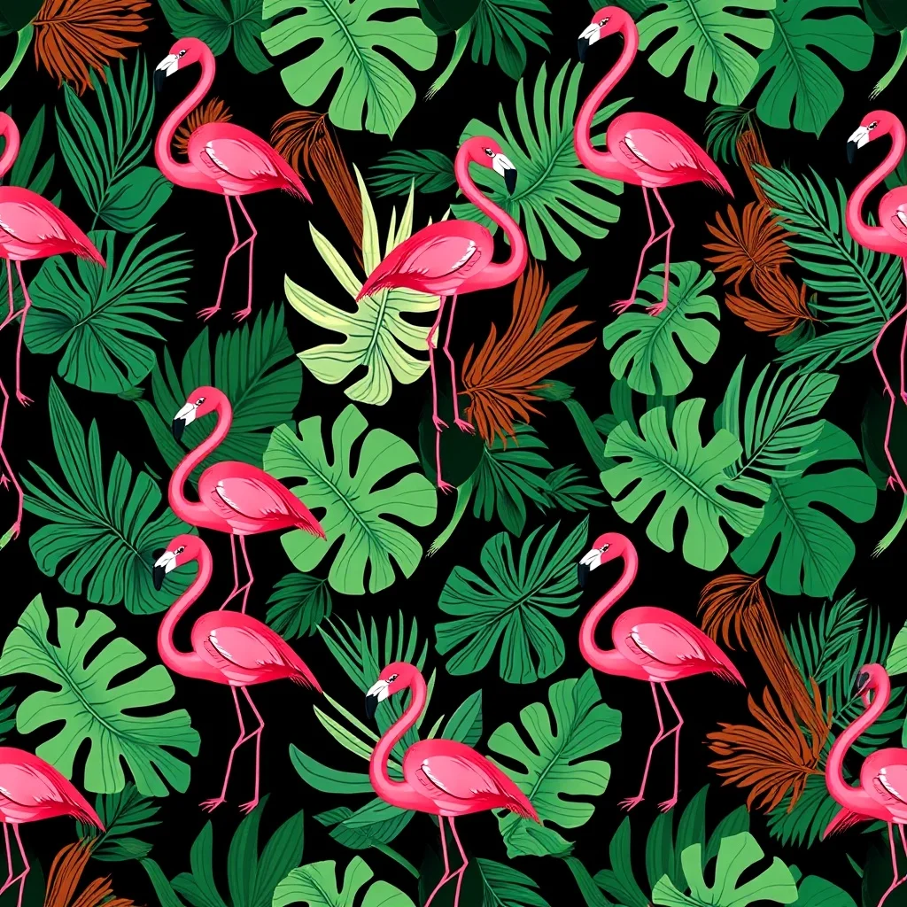 Cartoon pattern: tropical leaves and flamingos