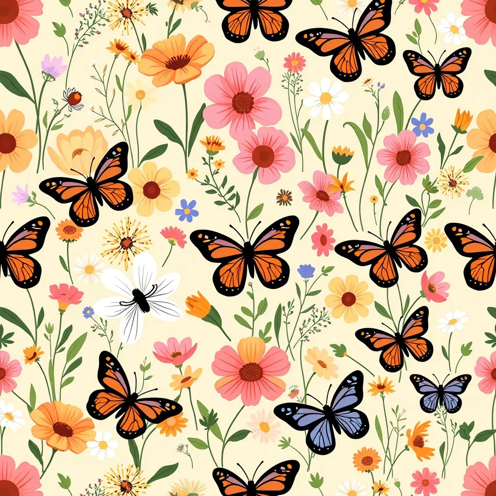 Cartoon pattern: wildflowers and butterflies