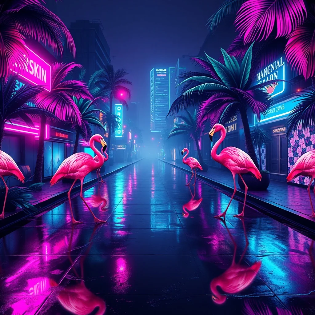 Cyberpunk pattern: tropical leaves and flamingos