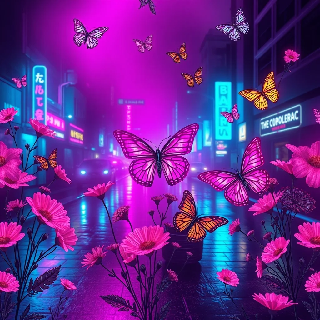 Cyberpunk pattern: wildflowers and butterflies