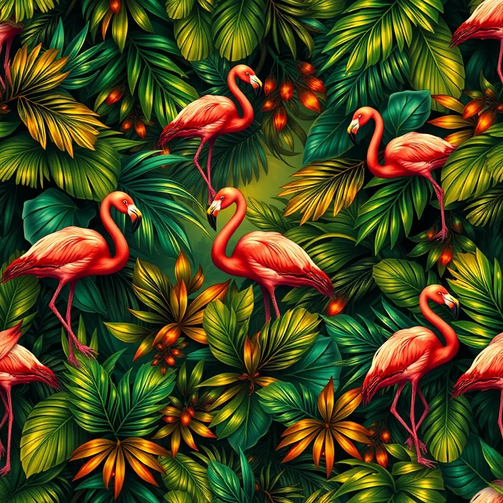 Fantasy pattern: tropical leaves and flamingos
