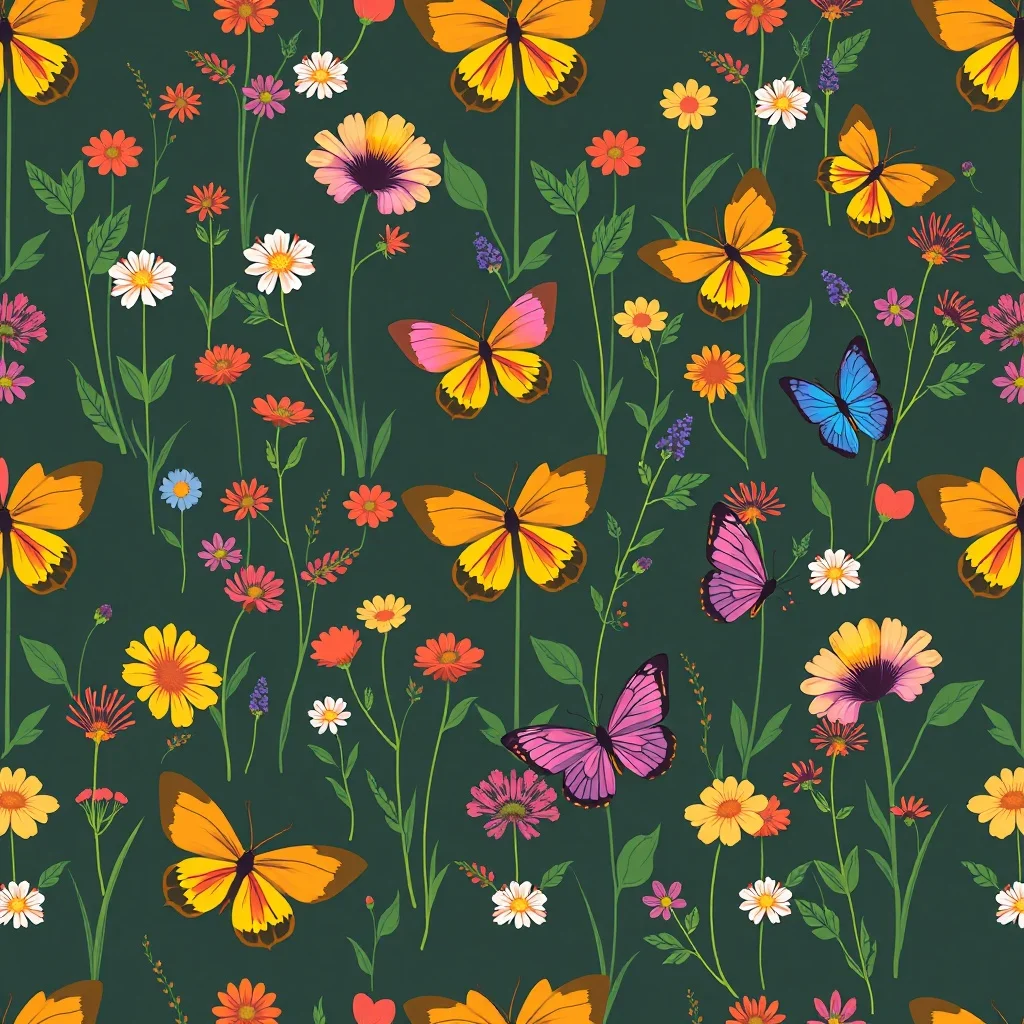 Flat Design pattern: wildflowers and butterflies