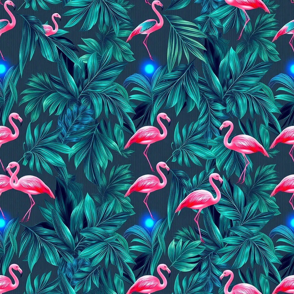 Futuristic pattern: tropical leaves and flamingos