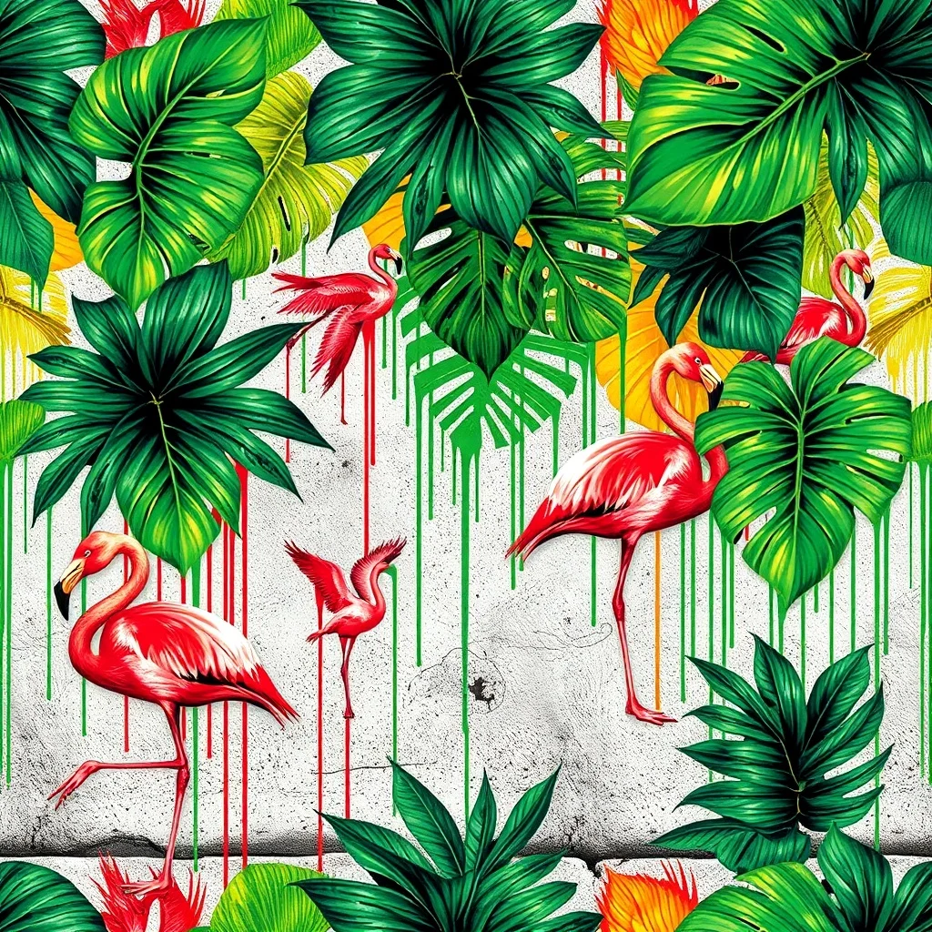 Graffiti pattern: tropical leaves and flamingos
