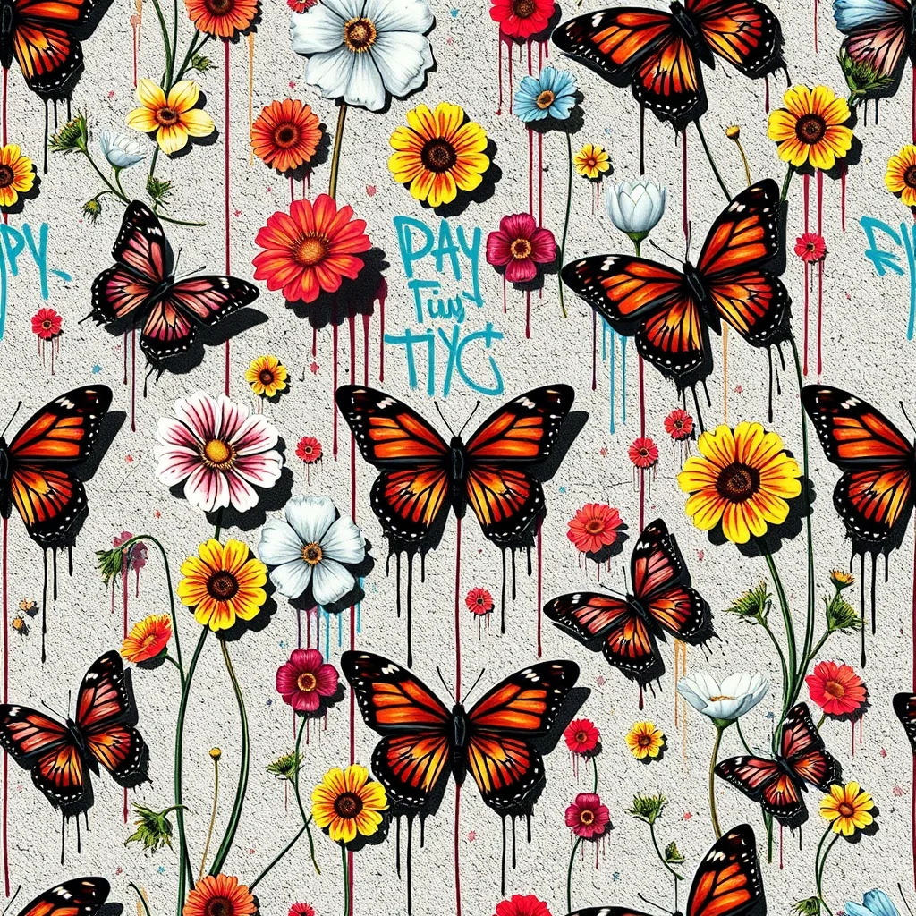 Graffiti pattern: wildflowers and butterflies