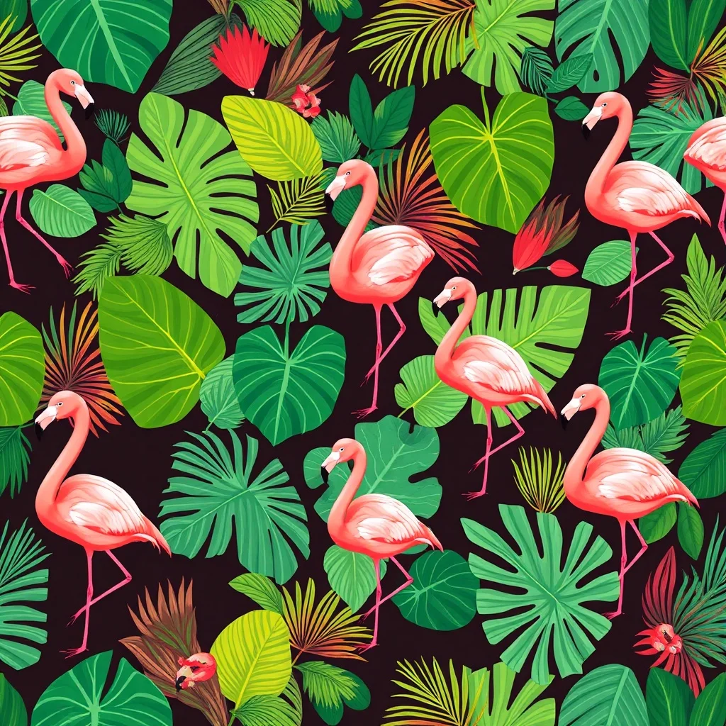Isometric pattern: tropical leaves and flamingos